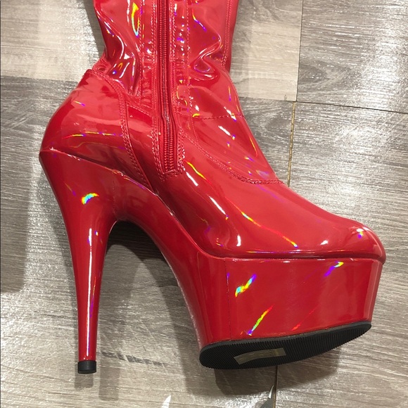 Pleaser Delight 3000 Hologram Red Patent Leather Thigh Over- Knee-High Boots New - Picture 2 of 11